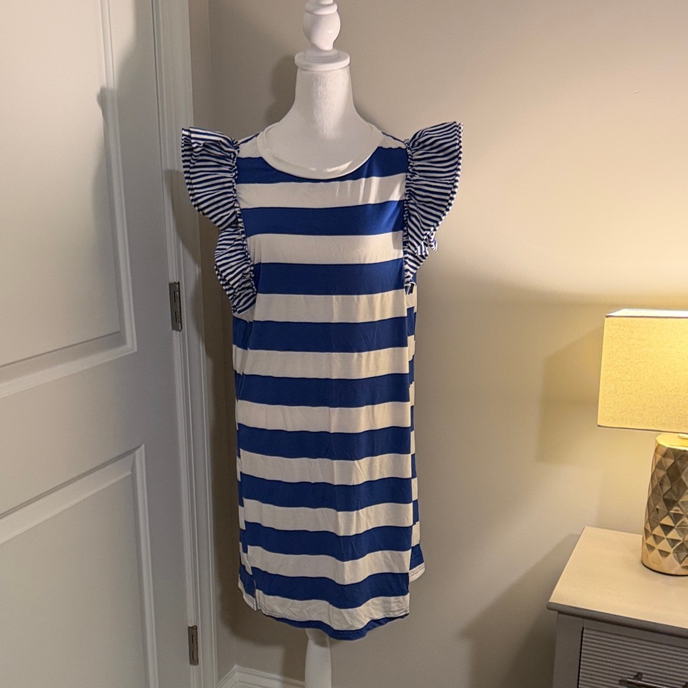 Blue and White Striped Ruffle Sleeve Dress